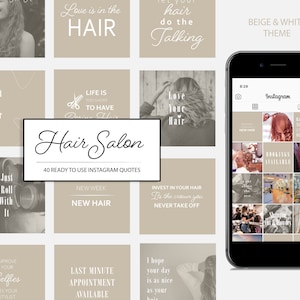 Könnte beinhalten: Beige und weiße Instagram-Post-Vorlagen für einen Friseursalon. Die Vorlagen enthalten Zitate über Haare, wie "Liebe liegt in den Haaren" und "Investiere in deine Haare, es ist die Krone, die du nie ablegst".