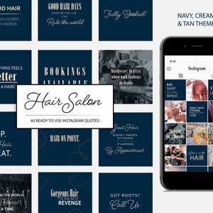 40 Ready To Use Hair Instagram Quotes. Navy Blue Hair Salon Social Media Posts. Hair Stylist Marketing Branding Tools- INSTANT DOWNLOAD