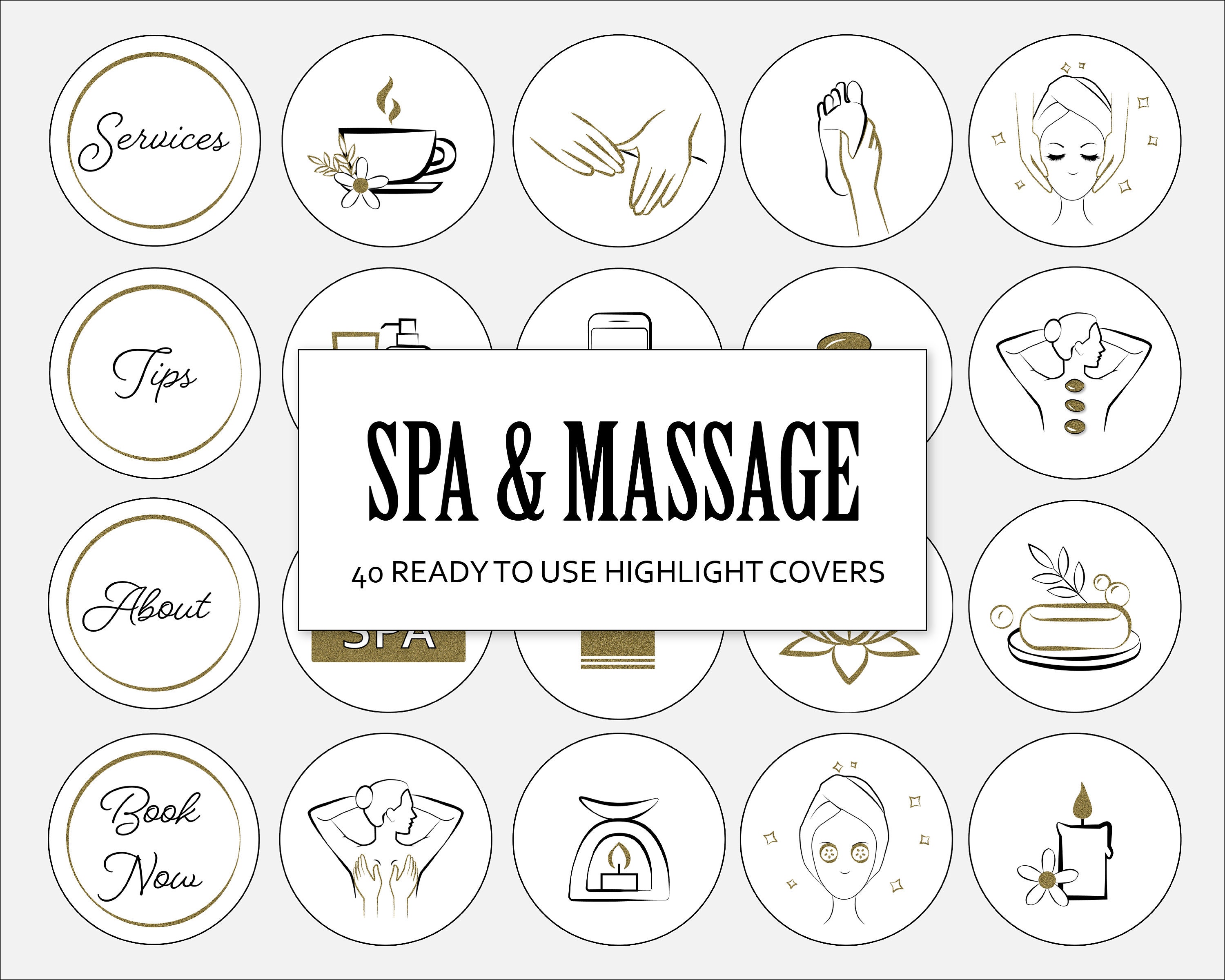 40 Massage & Spa Highlight Instagram Cover Icons. Gold Insta Massage Highlight Cover Icons
