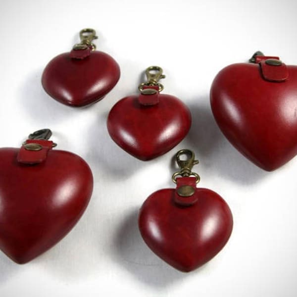 Porte-monnaie coeur en cuir rouge fait main : porte-clés amovible