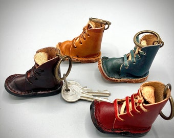 Leather boot keyring handmade genuine leather pouch leather shoes key ring brown tan blue colour with vegetable dye unisex for her and him