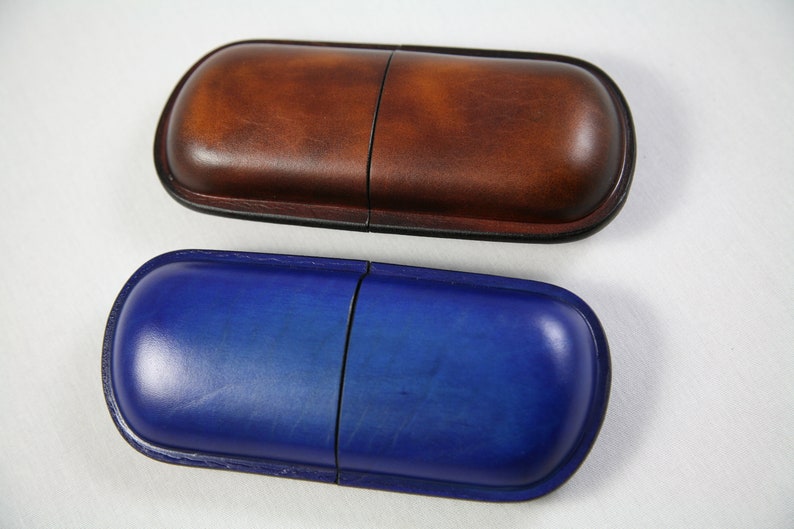 Leather glasses case hard genuine high leather eyewear spectacular pouch for men and women handmade and hand dyed gift for anniversary Blue