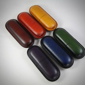 Leren leesbrillenkoker, hard leer, verschuifbaar, hoge kwaliteit, handgemaakt, handgemaakt, gegoten, brillenetui, in blauw, zwart, rood, bruin, groen, paars