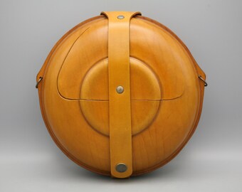 Canteen bag in yellow colour handmade molded leather hard shoulder and crossbody bag circle rigid quality unique style satchel anniversary