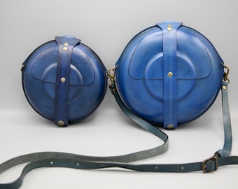 Canteen bag small and large size blue moulded hard leather circle crossbody bag shoulder bag unique handmade rigid bag in blue colour strap