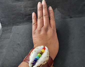 Leather Cowrie Shell Bracelet, Chakra, Leather Cuff , Leather Bracelet, Seashell Bracelet, Cowrie Shell, Statement Jewelry