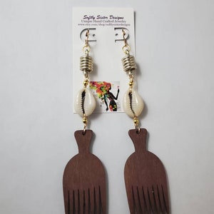 Afrocentric Earrings, Dangle Earrings, Cowrie Shell Earrings, Wood Earrings, Afrocentric Jewelry