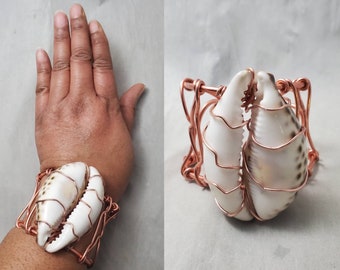 Large Cowrie Shell Cuff Bracelet, Wire Cuff Bracelet, Seashell Bracelet, Cowerie Shell, Statement Jewelry, Wire Wrapped Bracelet