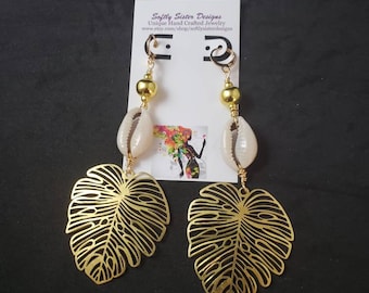 Gouden oorbellen, oorbellen, oorbellen met monsterablad, afrocentrische oorbellen, lange oorbellen, hangoorbellen, Wire Art