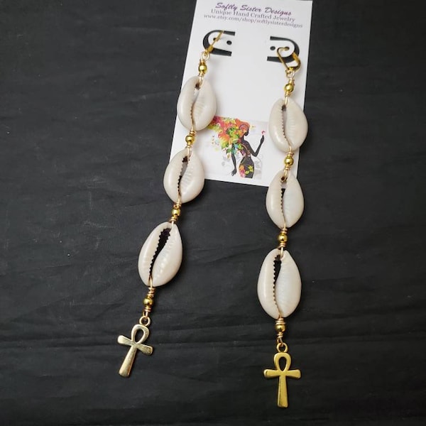 Cowrie Shell Earrings, Ankh Earrings, Afrocentric Jewelry, Afrocentric Earrings