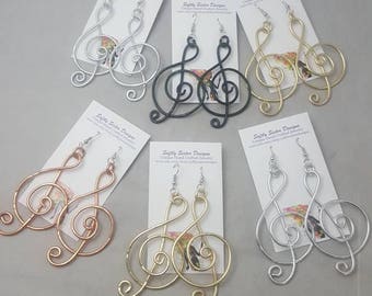 Treble Clef Earrings, Colored Wire Earrings, Wire Wrapped Earrings, Aluminum Wire Earrings, Dangle Earrings, Music Note Jewelry,