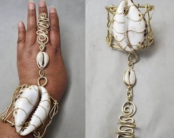 Large Cowrie Shell Handpiece, Cuff Bracelet, Wire Cuff Bracelet, Seashell Bracelet, Cowrie Shell, Statement Jewelry,