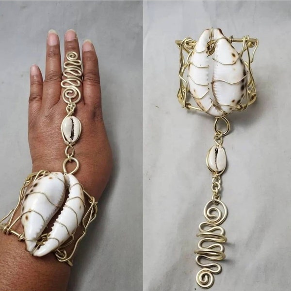 Large Cowrie Shell Handpiece, Cuff Bracelet, Wire Cuff Bracelet, Seashell Bracelet, Cowrie Shell, Statement Jewelry,