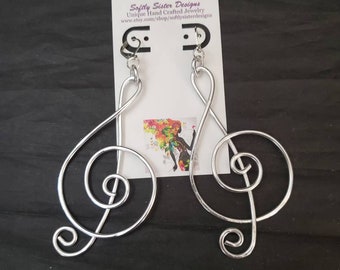 Treble Clef Earrings, Silver Colored Wire Earrings, Wire Wrapped Earrings, Aluminum Wire Earrings, Dangle Earrings, Music Note Jewelry,