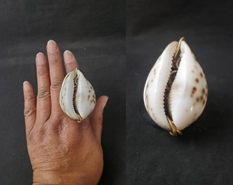 Puede incluir: Un anillo de concha blanca con manchas marrones, envuelto en alambre dorado. El anillo se lleva en un dedo.