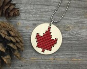 Cross stitch laser cut birch wood Canadian maple leaf pendant necklace for Canada 150