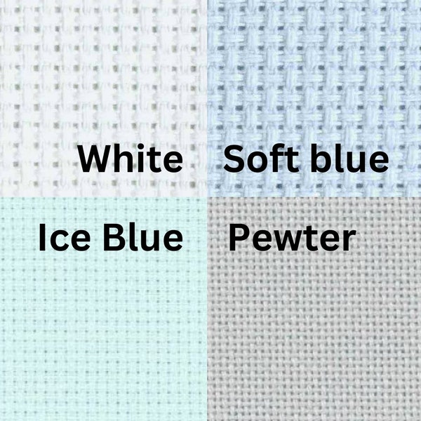 16 Count Zweigart AIDA 19" x 21" cross stitch needlepoint embroidery fabric in white, pewter grey, ice blue & soft blue