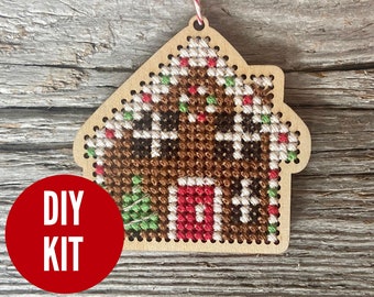 Gingerbread house ornament - easy DIY cross stitch kit - laser cut wood cross stitch project - by Canadian Stitchery