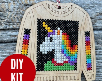 Rainbow Unicorn Christmas holiday ornament kit - beginners cross stitch kit - easy DIY cross stitch kit