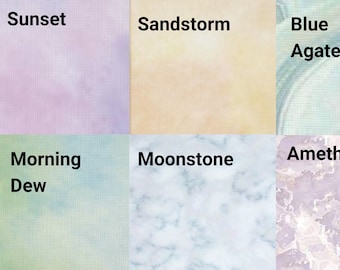 May include: A collage of six different textured backgrounds with names above each. The names are "Sunset", "Sandstorm", "Blue Agate", "Morning Dew", "Moonstone", and "Amethyst".