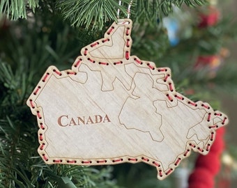 Canada map tree ornament - hand-stitched laser cut wood