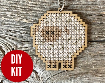 Wood sheep lamb DIY sheep cross stitch kit - easy beginners' stitching project - keychain or bag charm for your knitting project!
