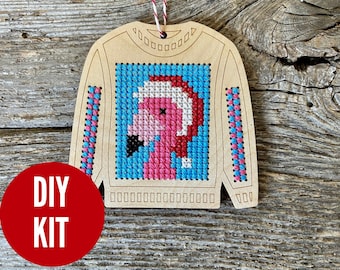 Flamingo ugly sweater wood cross stitch ornament kit - FREE SHIPPING