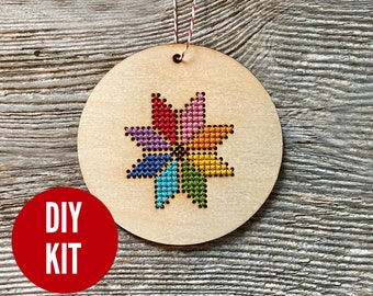 Merry and bright barn star snowflake ornament - easy laser cut wood cross stitch project for beginners - by Canadian Stitchery