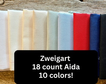 18 count Zweigart Aida cross stitch fabric 19 inches by 21 inches (48 cm x  53 cm) in white, mystic grey, red, blue, black & more!