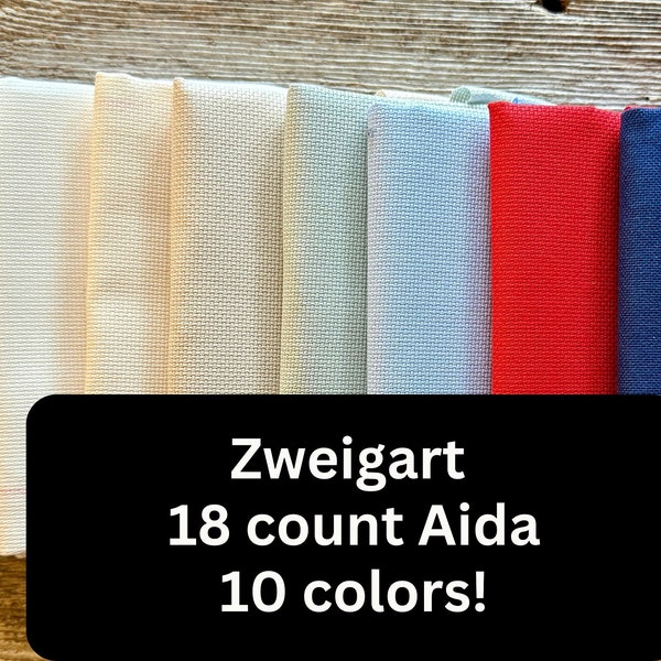 18 count Zweigart Aida cross stitch fabric 19 inches by 21 inches (48 cm x  53 cm) in white, mystic grey, red, blue, black & more!