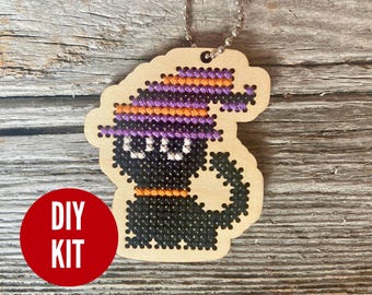Black cat keychain, Halloween treat bag charm or ornament – easy DIY cross stitch kit – laser cut wood project – backpack charm