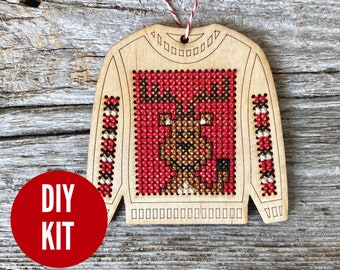 Rodney reindeer ugly sweater Christmas holiday ornament kit - easy beginners DIY cross stitch kit