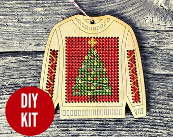 Ugly sweater with crazy tree Christmas holiday ornament kit - beginners cross stitch kit - easy DIY cross stitch kit