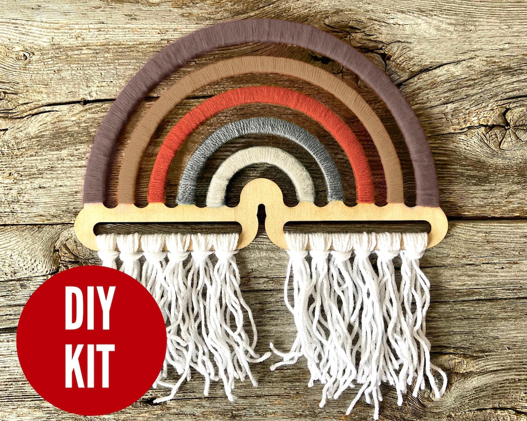 DIY Rainbow Wall Hanging Craft Kit Modern Boho Palete Laser Cut Wood, Yarn and Needle Included