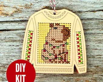 Capybara DIY wood cross stitch ugly sweater ornament kit - easy DIY kit