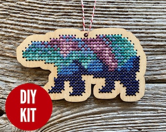 Northern lights bear ornament - easy DIY cross stitch kit - laser cut wood cross stitch project - by Canadian Stitchery