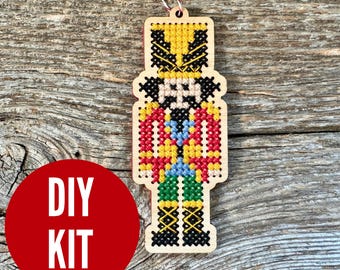 Nutcracker ornament - easy DIY cross stitch kit - laser cut wood cross stitch project - by Canadian Stitchery