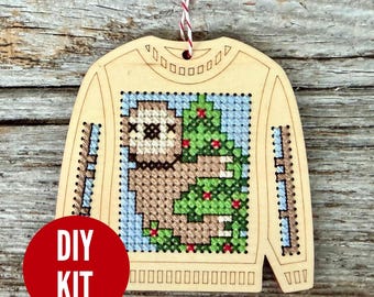 Sloth DIY wood cross stitch ugly sweater ornament kit - easy DIY kit