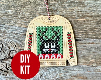 Ugly sweater with grouchy cat wearing antlers ornament kit - beginners cross stitch kit - easy DIY cross stitch kit
