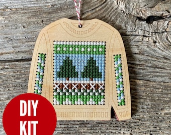 Ugly sweater cross stitch kit with Nordic/Scandinavian/Fair Isle design