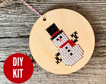 Snowman ornament - easy DIY cross stitch kit - laser cut wood cross stitch project for beginners - by Canadian Stitchery
