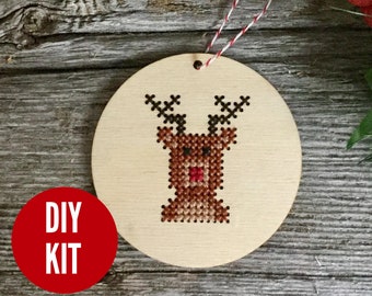 Reindeer tree ornament - simple DIY cross stitch kit
