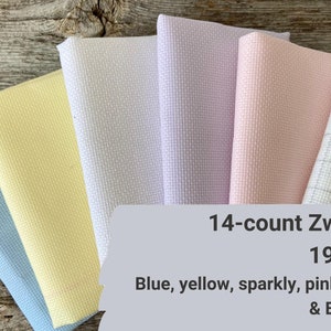 14 count Zweigart Aida cross stitch fabric 19 inches by 21 inches (48 cm x  53 cm) in pink, yellow, purple, blue, grey, sparkly & easygrid!