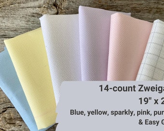 14 count Zweigart Aida cross stitch fabric 19 inches by 21 inches (48 cm x  53 cm) in pink, yellow, purple, blue, grey, sparkly & easygrid!