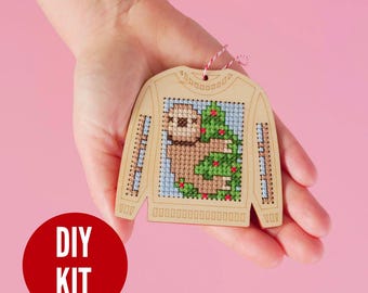 Sloth DIY wood cross stitch ugly sweater ornament kit - easy DIY kit