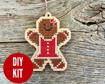 Gingerbread girl - easy DIY cross stitch kit - laser cut wood cross stitch project - by Canadian Stitchery