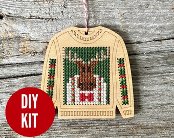 Moose wood cross stitch sweater ornament kit - easy DIY kit