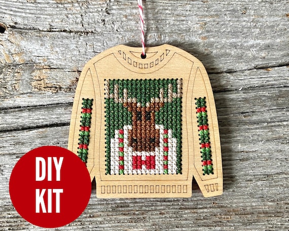 Moose Wood Cross Stitch Sweater Ornament Kit Easy DIY Kit Etsy