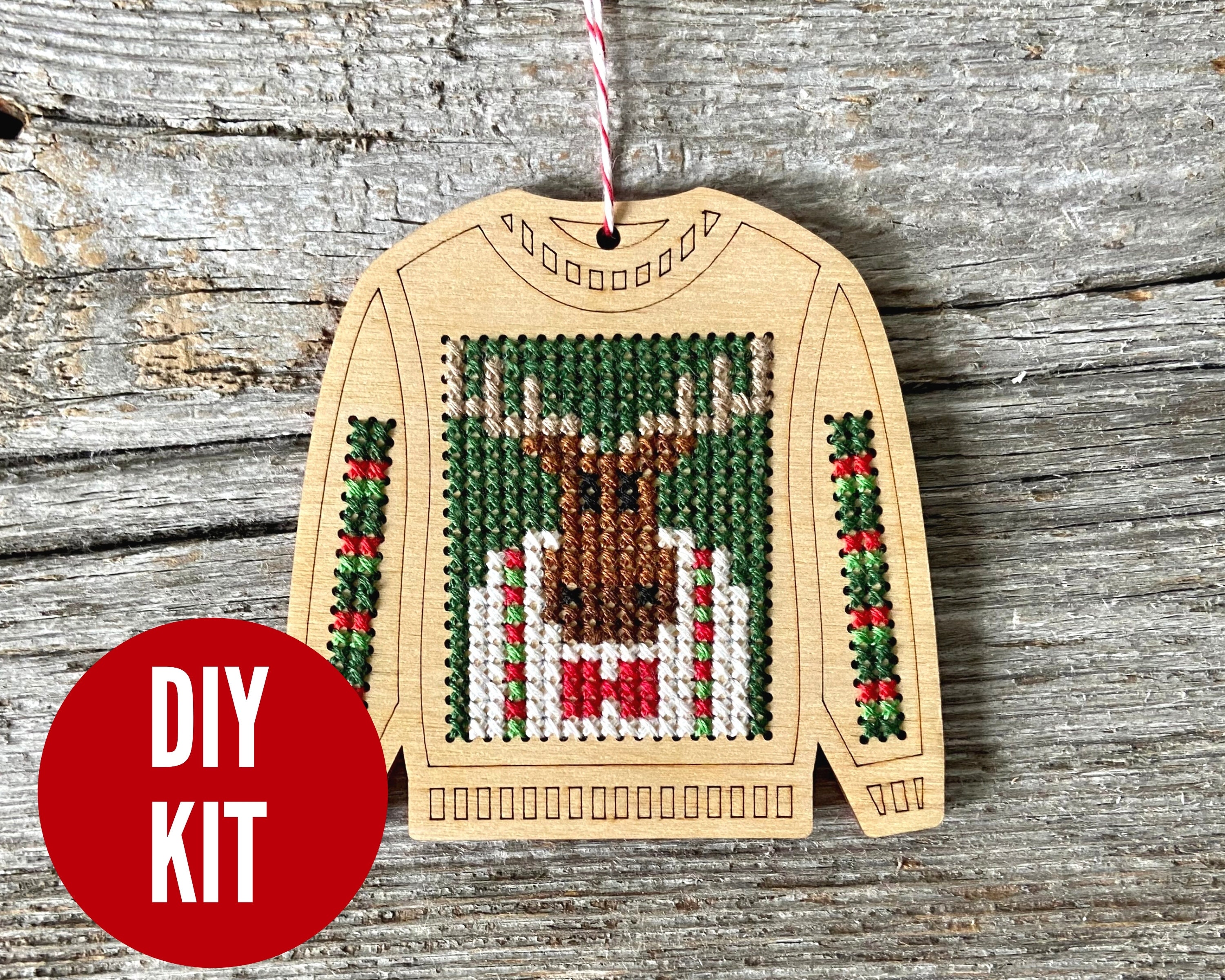 Moose Wood Cross Stitch Sweater Ornament Kit Easy DIY Kit 