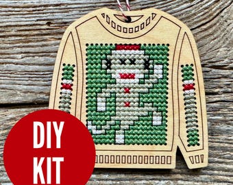 Ugly sweater vintage sock monkey cross stitch kit – DIY Christmas ornament craft for beginners